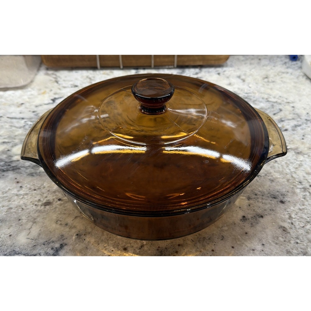 Vintage MCM Anchor Hocking Amber Glass Round Casserole Dish w/ Lid 437 1.5 Qt